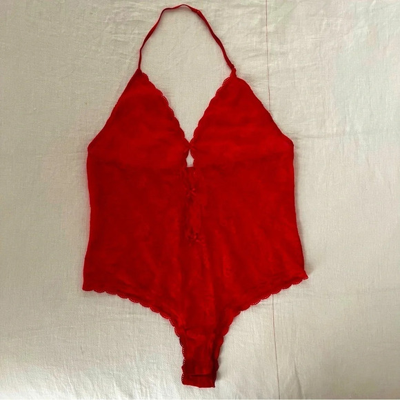 ☀️VTG VICTORIA’S SECRET Lace Bow Detail Halter Sexy Thong Bodysuit - Picture 1 of 8